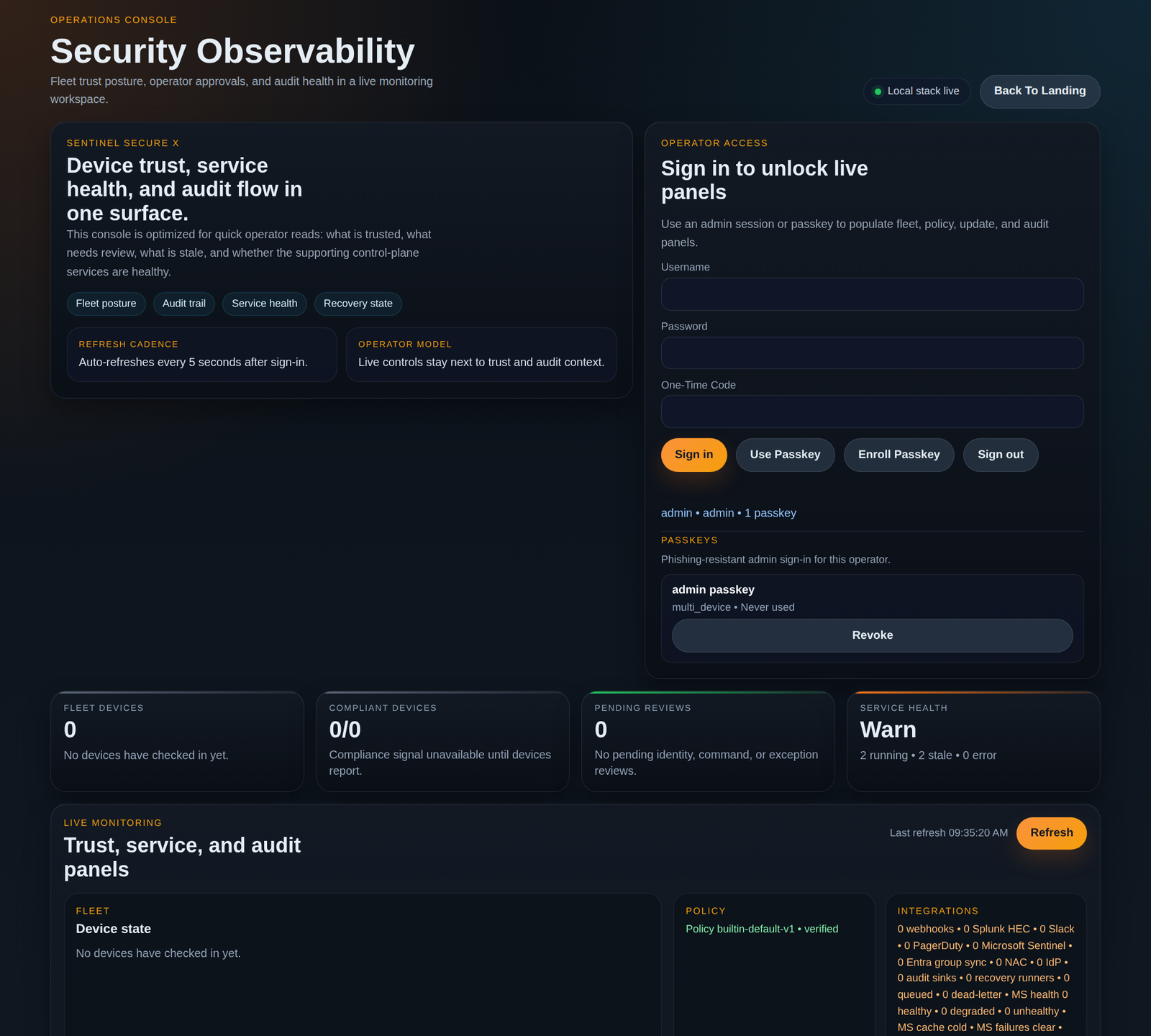 Sentinel Secure X dashboard showing fleet status, audit trail, and operator controls.